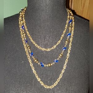 Vintage Electric Blue Glass & Metal Bead Necklace 3 Rows Gold Plate